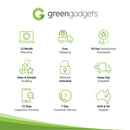 green gadgets service features including warranty, free shipping, customer service, and support icons.
