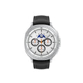 Galaxy Watch8 Classic 46mm LTE (Refurbished) display with white dial and black leather strap.